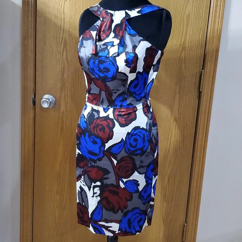 Trina turk silk sleeveless blue burgandy floral adjustable strap dress